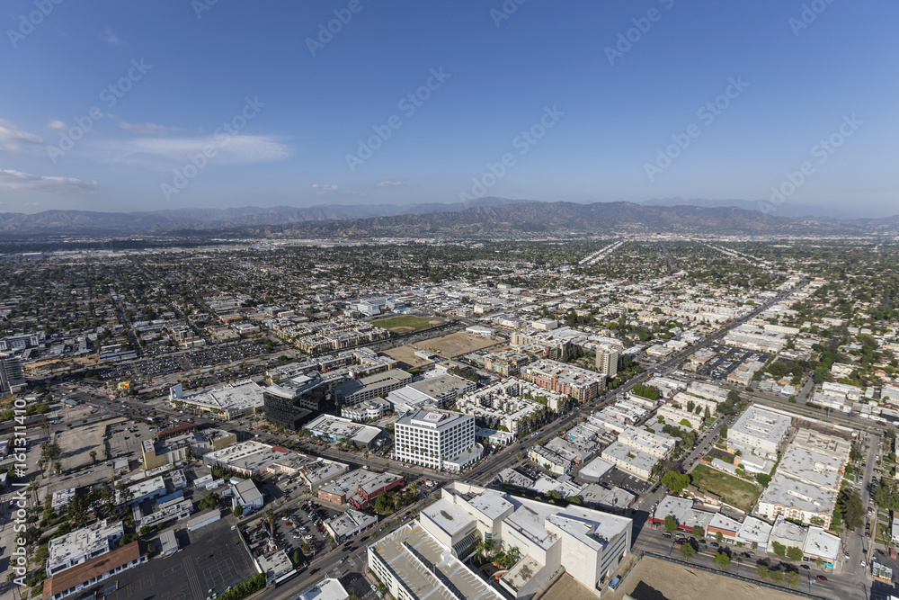 Aerial view of North Hollywood in the San Fernando Valley area of Los Angeles, California.