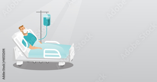 Patient lying in hospital bed with oxygen mask.