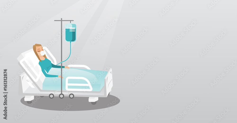 Patient lying in hospital bed with oxygen mask. Patient lying in hospital bed with oxygen mask.