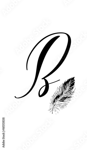 Hand drawn letter B in modern calligraphy style. Boho art print with decorative feathers. photo