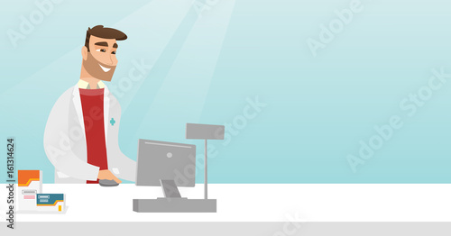 Pharmacist at counter with cash box.