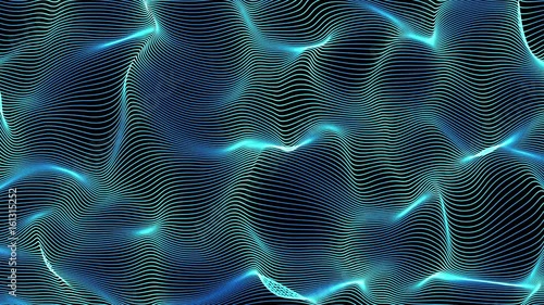 blue abstract waves on black background - surface made of lines