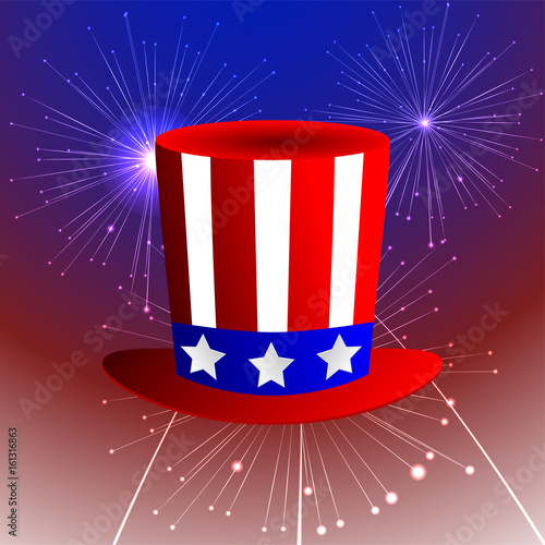 fireworks background with American uncle sam hat and fireworks on dark sky. photo