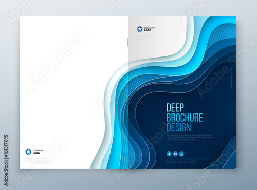 Paper cut brochure design. Paper carve abstract cover for brochure flyer magazine annual report or catalog design. Brochure in blue colors for future technologi social health medical concept