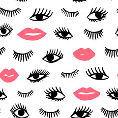 Fototapete Augenmuster Augen und Lippen Retro Doodle  © natakukushkina