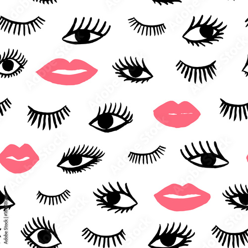 Hand drawn eye, pink lips doodles seamless pattern in retro style. Vector beauty illustration of open and close eyes for cards, textiles, wallpapers, backgrounds.