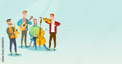 Band of musicians playing musical instruments.