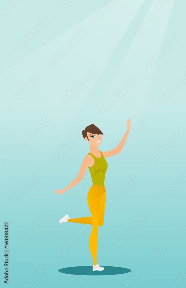 Cheerful caucasian woman dancer dancing.