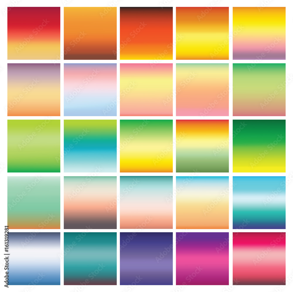 Collection of 25 abstract colorful gradients. Bright colors, smooth background for design. Blue, green, yellow, orange