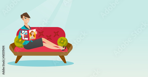 Woman reading magazine on sofa vector illustration