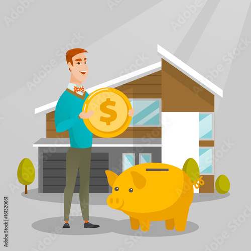 Man saving money in piggy bank for buying house.