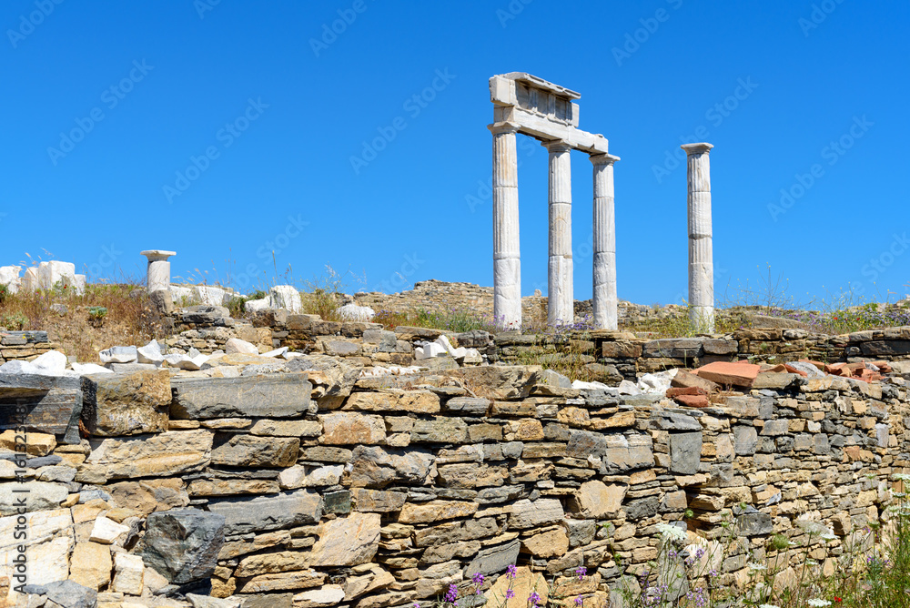  The Temple of Apollo ruins in the Archeologic Site of Delos island, Cyclades, Greece