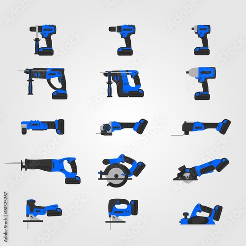 Blue modern cordless power tools set. Electric hand tools illustration