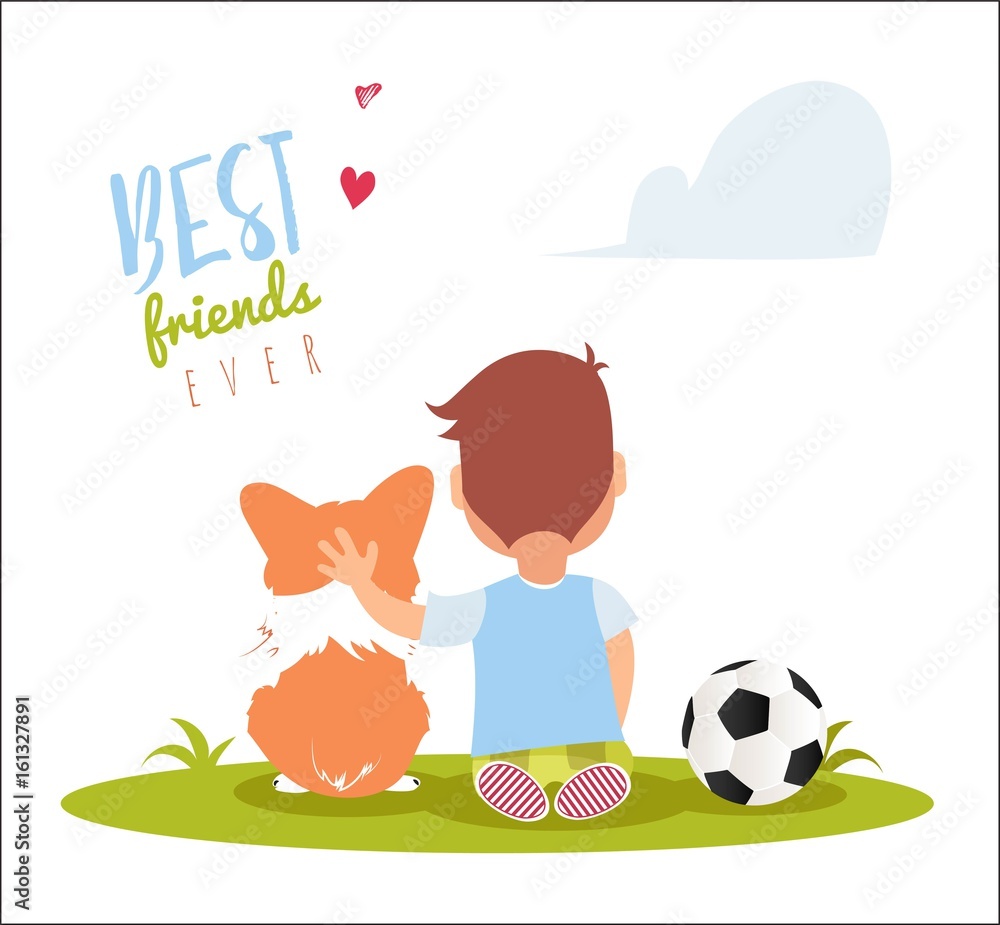 Cute little boy is hugging dog. Back view. Best friends ever vector