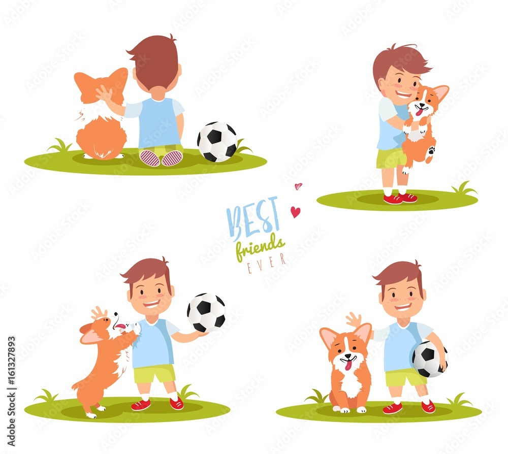 PrintSet of cute little boy playing with his dog. Best friends ever
