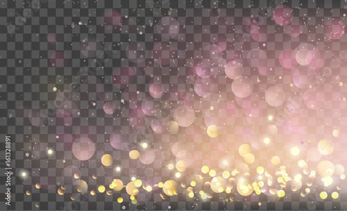 Abstract glitter background. Vector gold glitter particles and lights on transparent background. Sparkling texture. 