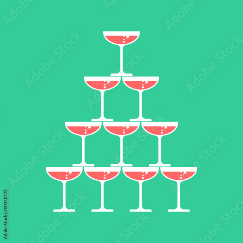 Glass of champagne tower. Alcohol in glass belfry. Wine pyramid. Cocktail hill
