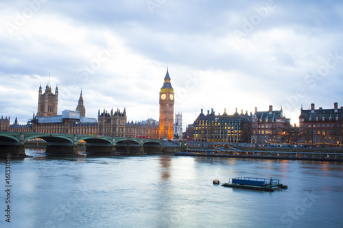 London city skyline with Big Ben at evening and Thames river