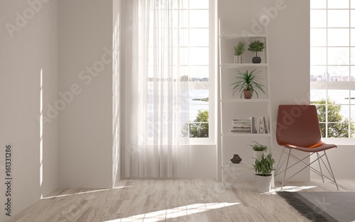 White room with chair and green landscape in window. Scandinavian interior design. 3D illustration