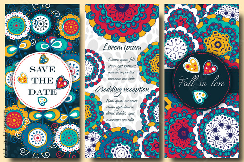 Set greeting card. Save the date. Decorated with multicolored doodles of flowers, Hearts and leaves. 
