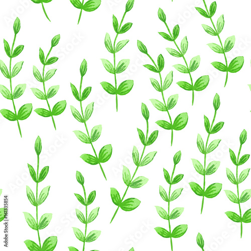 Floral seamless pattern with green watercolor branches and leaves. Vector illustration.