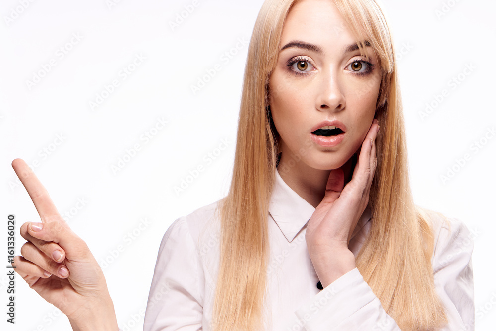 Woman in white shirt, woman on isolated background Woman in white shirt, woman on isolated background