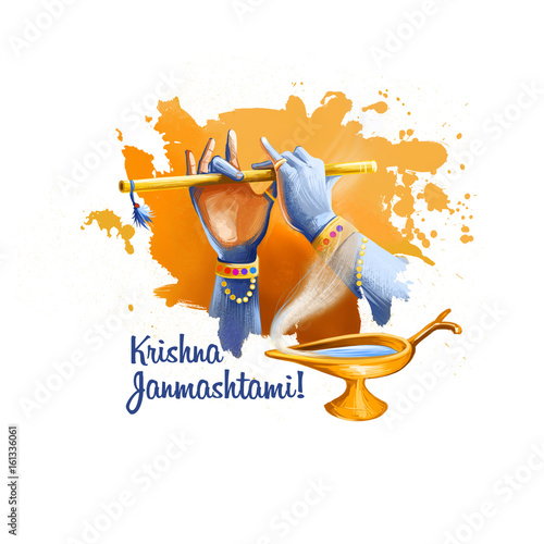 Krishna Janmashtami digital art illustration. Annual Hindu festival in India. Birth of Krishna holiday greeting card, poster, brochure, leaflet, cover, layout template. Graphic design clip art mock-up photo