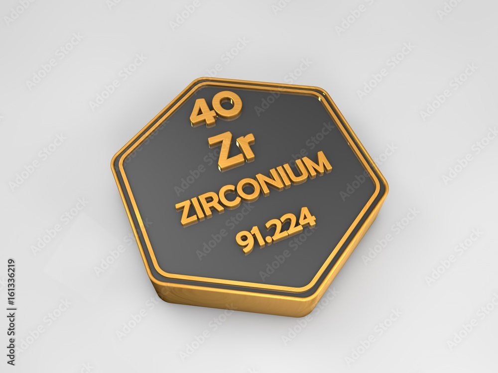 zirconium - Zr - chemical element periodic table hexagonal shape 3d render