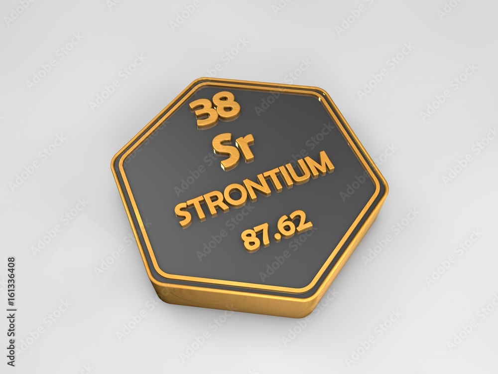 strontium - Sr - chemical element periodic table hexagonal shape 3d render