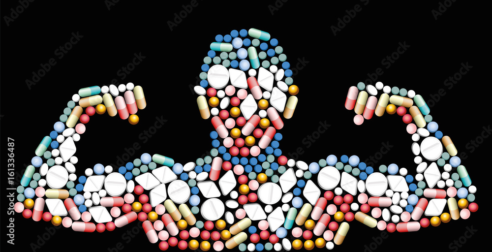 Sports doping, anabolic drugs, pills and capsules - shape of a male  muscular upper body - symbol for medical drug abuse. Isolated vector  illustration on black background. Stock-Vektorgrafik | Adobe Stock