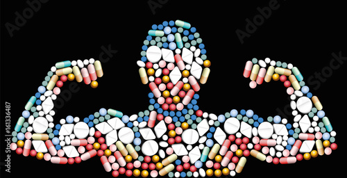 Sports doping, anabolic drugs, pills and capsules - shape of a male muscular upper body - symbol for medical drug abuse. Isolated vector illustration on black background.