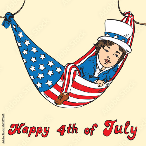 Portrait of little boy in Uncle Sam costume resting in hammock of the American flag, Happy 4th of July, card design, drawn by hand vector illustration in pop art doodle comics style