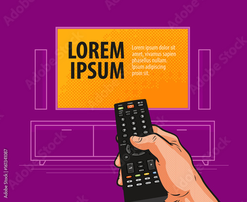 TV, remote control banner. Video, cinema, movie, film, television advertising concept. Comics vector illustration