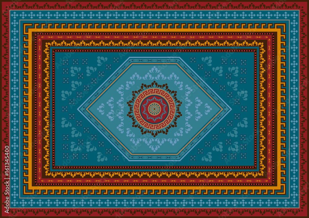Luxury ethnic motley carpet with oriental ornament colored in blue and vinous with orange colors