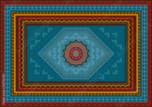 Luxury ethnic motley carpet with oriental ornament colored in blue and vinous with orange colors