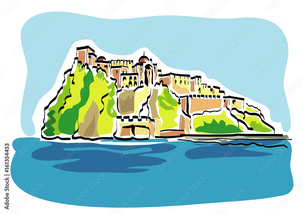 Vector illustration of the Aragonese castle of Ischia island in Italy Vector illustration of the Aragonese castle of Ischia island in Italy