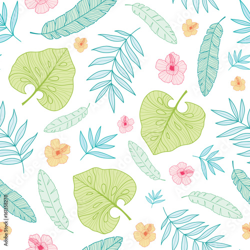 Vector light tropical summer hawaiian seamless pattern with tropical plants, ...