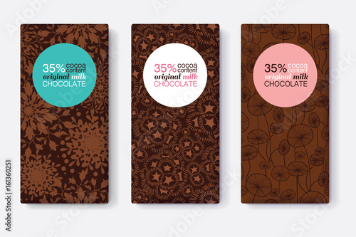 Vector Set Of Chocolate Bar Package Designs With Modern Brown Floral Patterns. Pastel Circle Frame. Editable Packaging Template Collection.