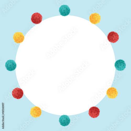 Vector Blue Frame Vibrant Birthday Party Pom Poms Circle Set and Round Backdrop Background. Great for handmade cards, invitations, wallpaper, packaging, nursery designs.