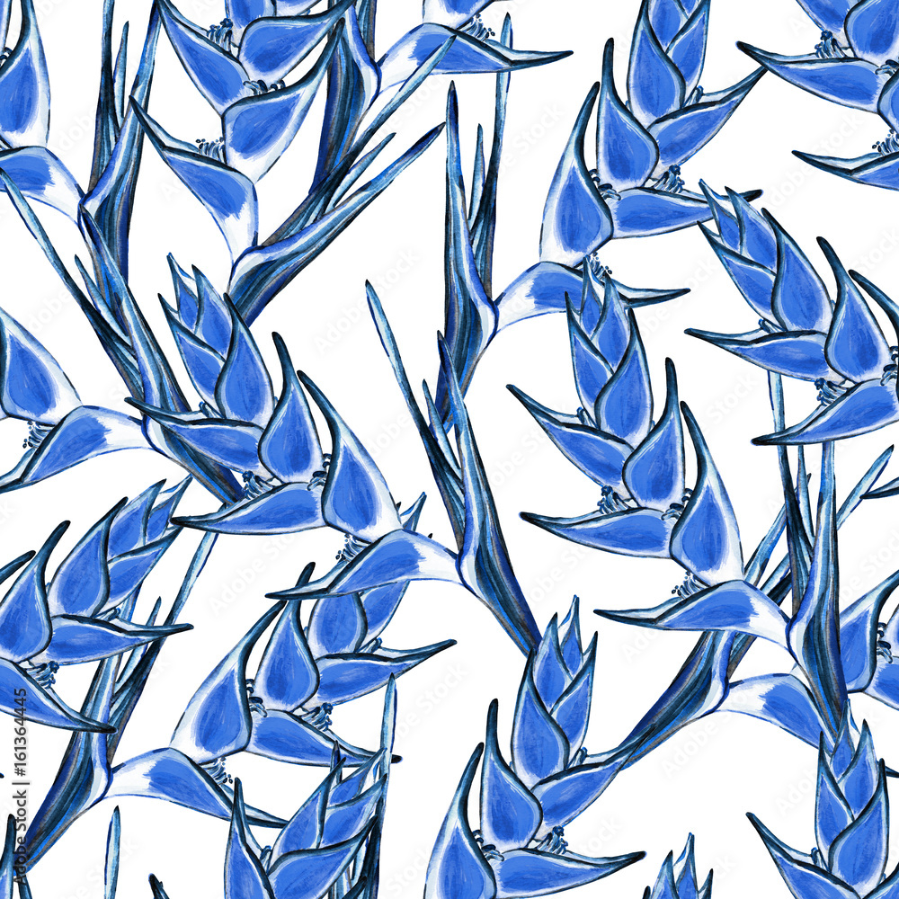 Fototapeta premium Seamless floral tropical pattern. Hand painted watercolor exotic heliconia flowers, blue trend hues on white background. Textile design.