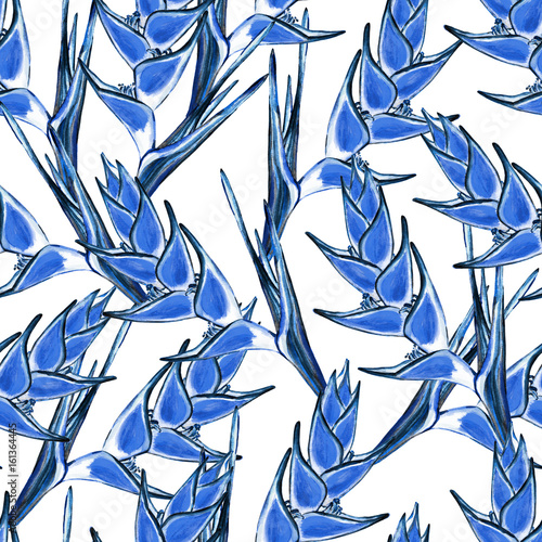 Seamless floral tropical pattern. Hand painted watercolor exotic heliconia flowers, blue trend hues on white background. Textile design. © tabuday