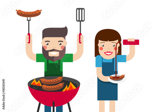 Smiling man and woman cooking barbecue on white background. Bbq party cartoon people. 