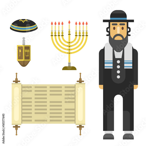 Judaism church traditional symbols isolated hanukkah religious synagogue passover hebrew character jew vector illustration.