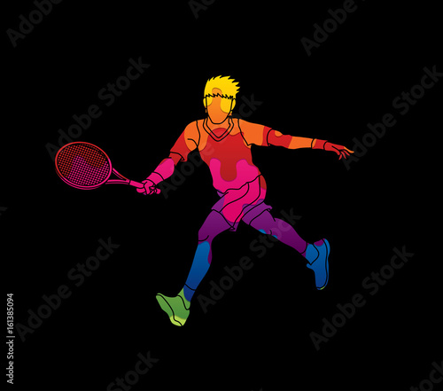 Tennis player running , Man play tennis movement designed using melting colors graphic vector.