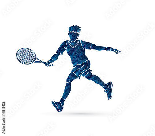 Tennis player running , Man play tennis movement designed using blue grunge brush graphic vector.