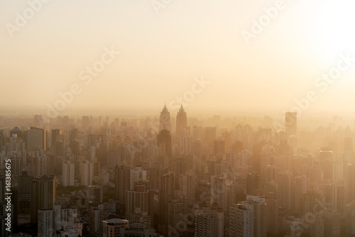 Shanghai city skyline in sunset