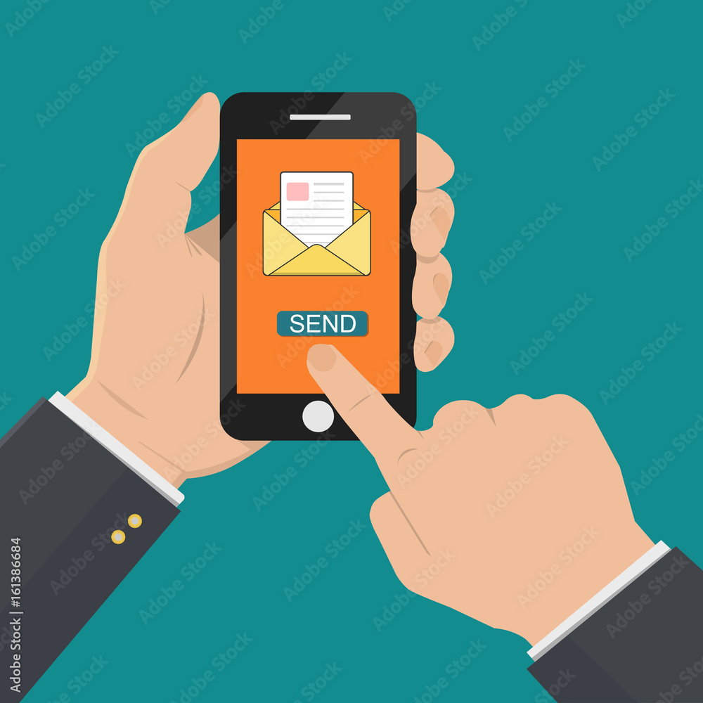 Hand touching smart phone with email symbol on the screen. New message. New email. Phone and new message. Flat vector illustration. Hand touching smart phone with email symbol on the screen. New message. New email. Phone and new message. Flat vector illustration.