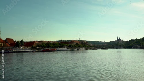 Downtown Prague filmed from a Tourist boat at the Vltava River