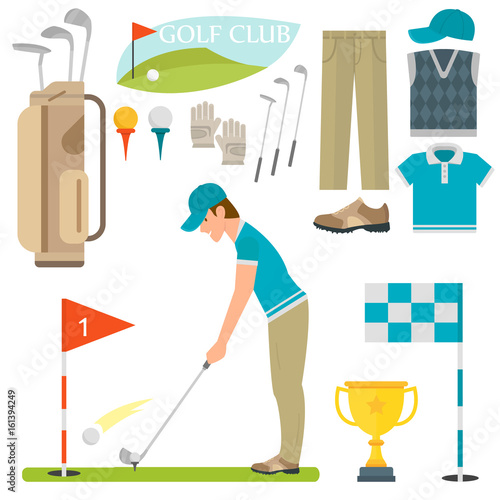 Vector set of stylized golf icons hobby equipment collection cart golfer player sport symbols