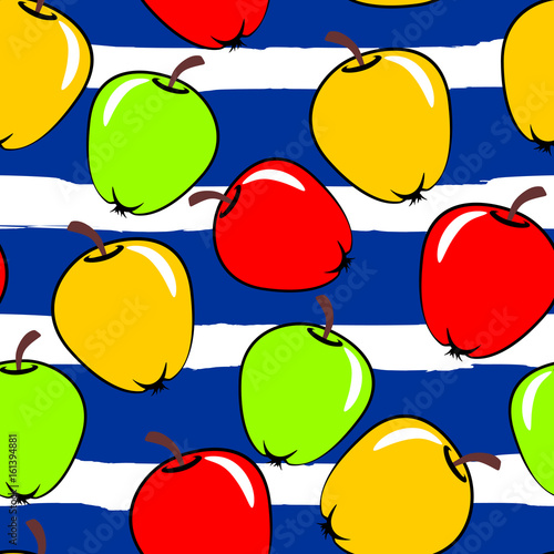 Seamless texture with apples of different colors on a background of blue-white, wide, roughly painted strips